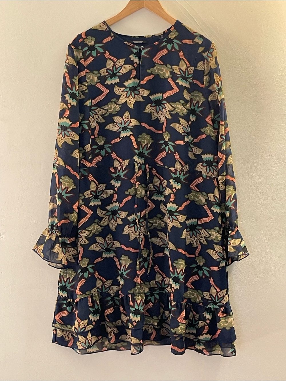 Scotch & Soda Key Hole Floral Midi Dress with Coral and Sage Accents